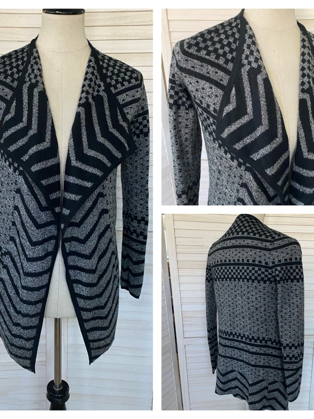 Smartwool Black and Gray Geometric Open-Front Cardigan Merino Wool Blend SZ XS